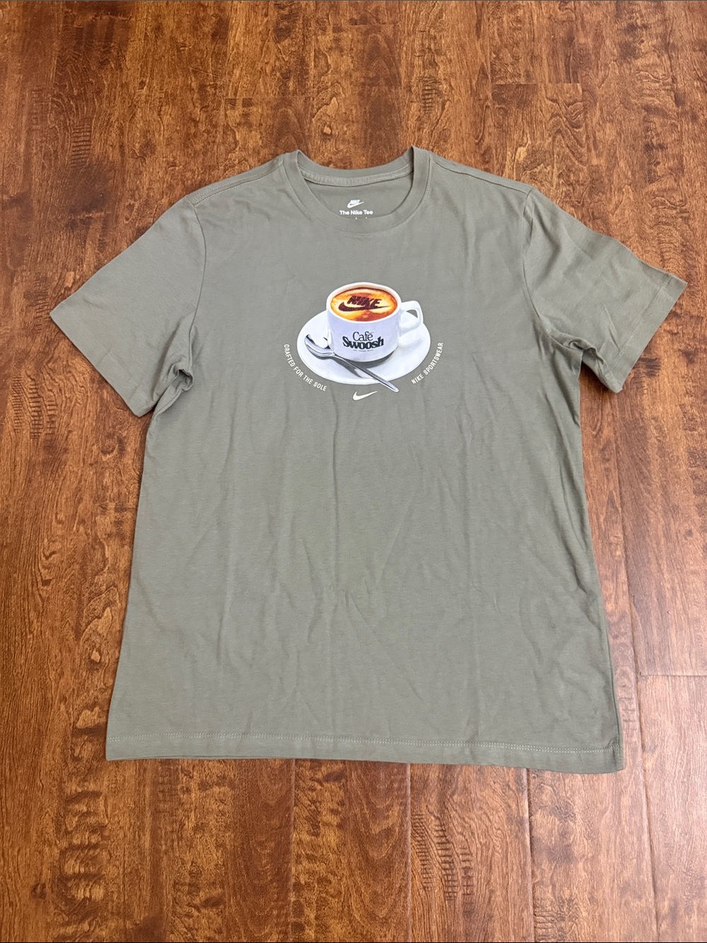 Nike Olive Green Short-Sleeve Tee with Café Cup Graphic